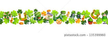 Happy St Patrick's day holiday border. Spring celebration vector divider, Ireland festive frame border. Irish party underline spacer with shamrock clovers, leprechaun hat, golden horseshoe and coins Happy St Patrick's day holiday border. Spring celebration vector divider, Ireland festive frame border. Irish party underline spacer with shamrock clovers, leprechaun hat, golden horseshoe and coins 135399960