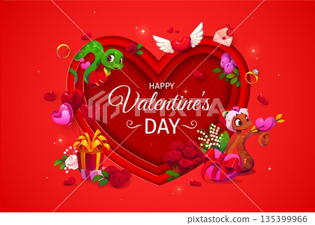 Paper cut Valentine day greeting card with snakes and love hearts, cartoon vector. Happy Valentine day love holiday greeting card with funny snakes, heart on wings and wedding gifts with roses flowers Paper cut Valentine day greeting card with snakes and love hearts, cartoon vector. Happy Valentine day love holiday greeting card with funny snakes, heart on wings and wedding gifts with roses flowers 135399966