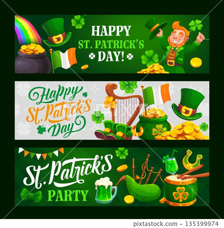 Happy St Patrick's day holiday banners. Ireland holiday festive vector flyer. Saint Patrick Irish party celebration banner with cheerful leprechaun green hat and shoe, pot of gold, musical instruments 135399974