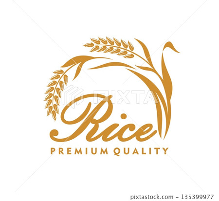 Thai rice ear icon, premium quality food sign. Natural cereal products organic farm vector emblem, healthy food shop sign. Farmer market symbol with ear grain and leaves, handwritten typography 135399977