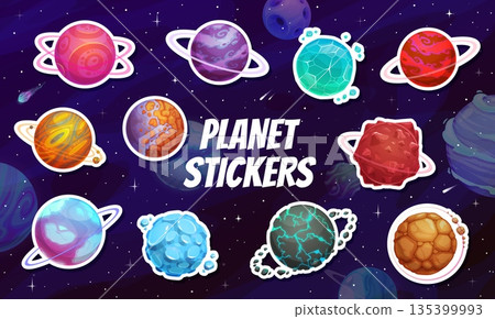 Cartoon alien planets stickers pack. Space alien planet cartoon vector patches, fantastic planet tags. Universe alien world label or planets stickers set with ice, water, mountain and crystal surface 135399993