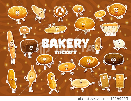 Cartoon bread and bakery characters stickers pack, vector pastry food. Loaves of french baguette, brioche bun and wheat toast, cereal grain flatbread and pretzel. Bakery bread and snack characters 135399995