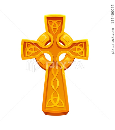 Saint Patricks day celebration golden celtic cross. Ireland holiday cartoon object, Irish festive vector attribute. Saint Patricks isolated celtic cross or christian religion symbol made of gold Saint Patricks day celebration golden celtic cross. Ireland holiday cartoon object, Irish festive vector attribute. Saint Patricks isolated celtic cross or christian religion symbol made of gold 135400035