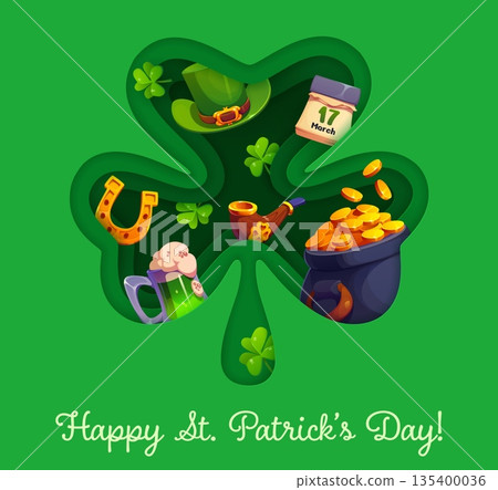 Happy St Patrick s day paper cut greeting card with shamrock clover. Ireland culture party papercut vector poster. Saint Patrick day card with beer, smoking pipe, horseshoe and golden coins pot Happy St Patrick s day paper cut greeting card with shamrock clover. Ireland culture party papercut vector poster. Saint Patrick day card with beer, smoking pipe, horseshoe and golden coins pot 135400036