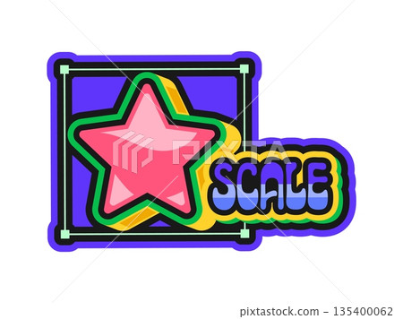 Computer Y2K groovy sticker or funky symbol. Retro electronics and software vector label, 2000s digital program funky patch. PC technology sticker or tag with star image and scale and resize boxes Computer Y2K groovy sticker or funky symbol. Retro electronics and software vector label, 2000s digital program funky patch. PC technology sticker or tag with star image and scale and resize boxes 135400062