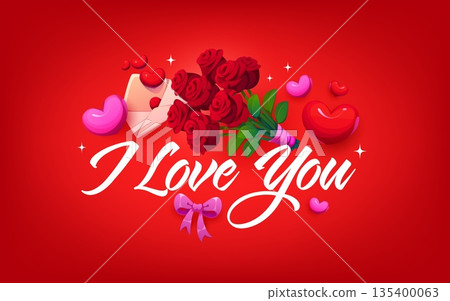 I love you quote greeting card of Valentine's day holiday. Love phase vector background, romantic celebration greeting card. Saint Valentine day saying with roses bouquet, love letter and typography I love you quote greeting card of Valentine's day holiday. Love phase vector background, romantic celebration greeting card. Saint Valentine day saying with roses bouquet, love letter and typography 135400063