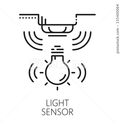 Light detection safety sensor line icon. Home safety tech lineart symbol, security system outline vector pictogram. Light detection sensor thin line sign or smart technology detector icon Light detection safety sensor line icon. Home safety tech lineart symbol, security system outline vector pictogram. Light detection sensor thin line sign or smart technology detector icon 135400064