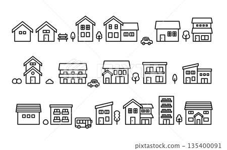 Cute house monotone icon set | Housing line drawing vector material Cute house monotone icon set | Housing line drawing vector material 135400091