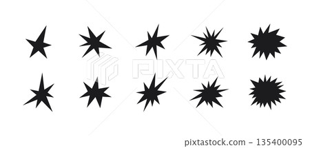 Irregular star shape icons set. Abstract starburst symbol. Comic burst sticker. Graphic design collage element. Spiky cartoon figure. Vector illustration isolated on white background Irregular star shape icons set. Abstract starburst symbol. Comic burst sticker. Graphic design collage element. Spiky cartoon figure. Vector illustration isolated on white background 135400095