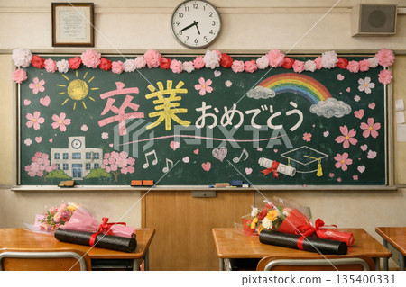 教室黑板上寫著：「恭喜你畢業」。 135400331