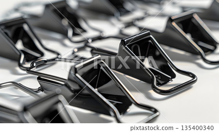 Black double paperclips scattered on a white background 135400340