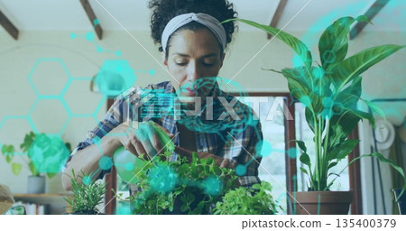 Watering woman in plaid shirt holding sprayer among potted herbs in kitchen, with digital overlay 135400379