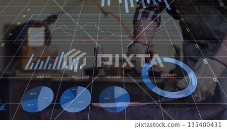 Hammering metalworker forging red-hot workpiece at workshop anvil, with digital data overlays Hammering metalworker forging red-hot workpiece at workshop anvil, with digital data overlays 135400431