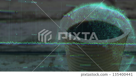 Displaying ceramic coffee cup featuring floating data sphere on rustic wooden tabletop, copy space 135400441