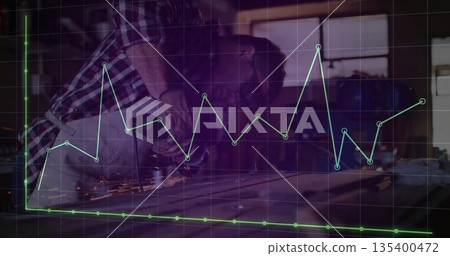 Metalworker wearing gloves using angle grinder on sheet at workshop, with sparks, digital graph Metalworker wearing gloves using angle grinder on sheet at workshop, with sparks, digital graph 135400472