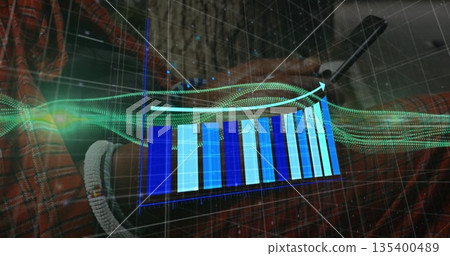 Analyzing smartphone data in office, showing holographic bar chart and green data-stream visuals Analyzing smartphone data in office, showing holographic bar chart and green data-stream visuals 135400489