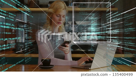 Typing female programmer using smartphone and laptop at cafe, with coffee cup and code overlays Typing female programmer using smartphone and laptop at cafe, with coffee cup and code overlays 135400499