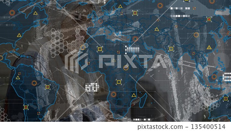 Businesswoman operating digital dashboard in high-tech room, with world map grid and data markers 135400514