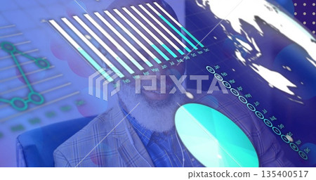 Senior man wearing plaid blazer analyzing floating bar and pie charts in office, with world map Senior man wearing plaid blazer analyzing floating bar and pie charts in office, with world map 135400517