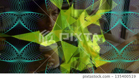 Sitting woman wearing top holding coffee cup at wooden cafe table with neon collage, copy space Sitting woman wearing top holding coffee cup at wooden cafe table with neon collage, copy space 135400519