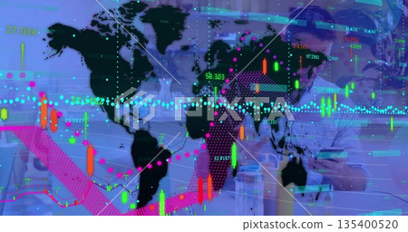 Data scientist wearing lab coat studying world map digital display in lab, with candlestick charts Data scientist wearing lab coat studying world map digital display in lab, with candlestick charts 135400520
