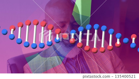 Senior man sitting in lounge wearing blazer with double-helix, geometric overlays 135400521