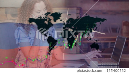 Woman wearing plaid shirt making smartphone call, typing laptop in cafe with notepad pen coffee cup 135400532