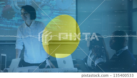 Leaning woman presenting data in conference room, with laptops and projection screen, copy space 135400533