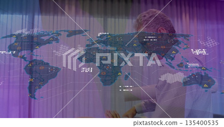 Presenting businessman in shirt gesturing at world map in office with warning markers copy space Presenting businessman in shirt gesturing at world map in office with warning markers copy space 135400535