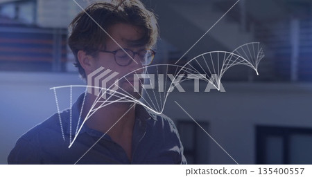 Contemplating man wearing round eyeglasses dark shirt on balcony railing with dotted graph overlay 135400557