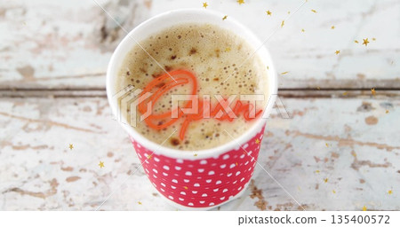 Red polka dot cup sitting in rustic cafe, with frothy coffee, gold confetti, neon Open overlay 135400572