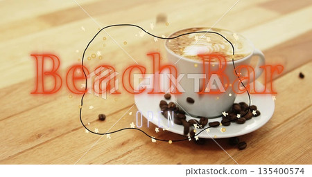 Displaying white coffee cup, saucer on wooden bar with latte art, Beach Bar text, copy space Displaying white coffee cup, saucer on wooden bar with latte art, Beach Bar text, copy space 135400574