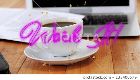 Coffee cup resting on saucer at office desk, with laptop, smartphone, papers, neon pink Work It Coffee cup resting on saucer at office desk, with laptop, smartphone, papers, neon pink Work It 135400579