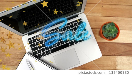 Displaying neon-blue Sale overlay, silver laptop sitting on wooden office desk, with star confetti Displaying neon-blue Sale overlay, silver laptop sitting on wooden office desk, with star confetti 135400580