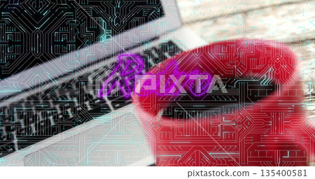 Aiming red boxing glove striking laptop keyboard on desk, with neon Retro and circuit overlay Aiming red boxing glove striking laptop keyboard on desk, with neon Retro and circuit overlay 135400581