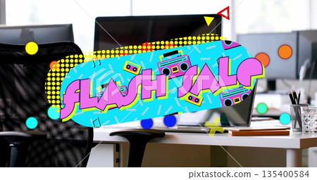 Displaying vibrant flash sale graphic in open-plan office, with computer monitors and chair Displaying vibrant flash sale graphic in open-plan office, with computer monitors and chair 135400584