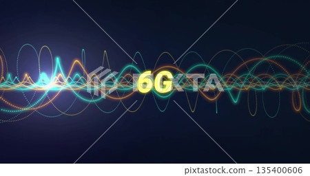 Featuring yellow 6G text floating on digital gradient backdrop, with colorful waveform lines 135400606