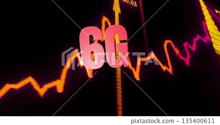 Floating 3D pink 6G hovering on dark screen, with orange magenta graph, yellow arrows, data labels 135400611