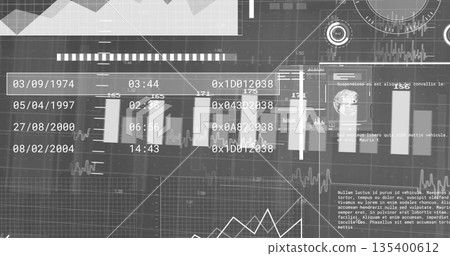 Displaying central bar chart panel and line graphs on analytics dashboard, with grid background 135400612