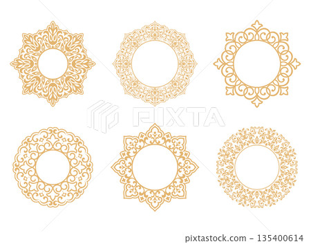 Set of decorative frames Elegant vector element for design in Eastern style, place for text. Floral golden and white borders. Lace illustration for invitations and greeting cards Set of decorative frames Elegant vector element for design in Eastern style, place for text. Floral golden and white borders. Lace illustration for invitations and greeting cards 135400614