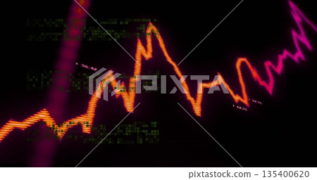 Fluctuating neon line chart moving in virtual space, with code matrix, magenta beam and data points Fluctuating neon line chart moving in virtual space, with code matrix, magenta beam and data points 135400620