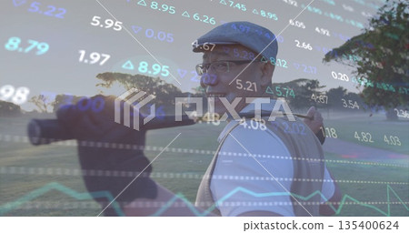 Smiling Chinese golfer holding golf club over shoulder at golf fairway, with financial data overlay Smiling Chinese golfer holding golf club over shoulder at golf fairway, with financial data overlay 135400624