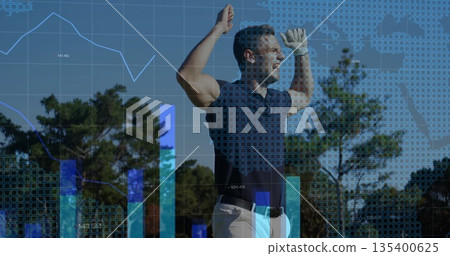 Swinging male golfer wearing navy polo shirt on fairway, with golf club, data overlays, copy space Swinging male golfer wearing navy polo shirt on fairway, with golf club, data overlays, copy space 135400625