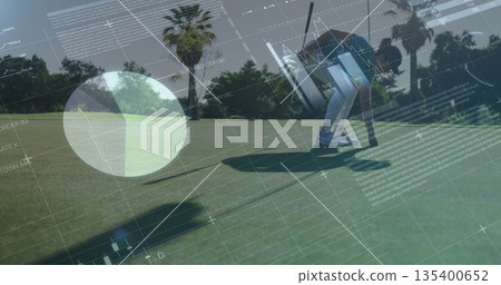 Bending woman in golf attire picking up golf ball on green, with chart overlay, copy space Bending woman in golf attire picking up golf ball on green, with chart overlay, copy space 135400652
