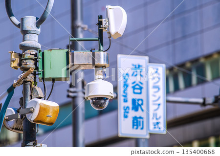 Tokyo cityscape in Japan: View of street corner security cameras from Shibuya Scramble Crossing 135400668