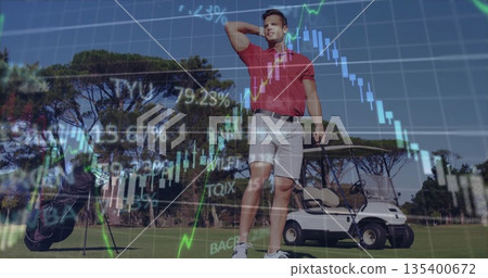 Scanning golfer holding golf club shielding eyes on fairway, with golf bag, cart, stock overlay 135400672