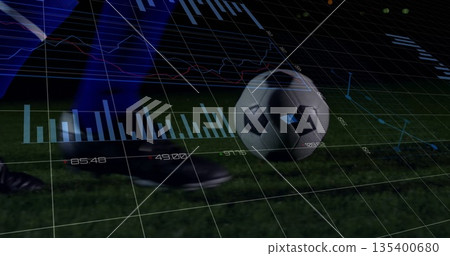 Showing soccer ball and cleat in blue sock on pitch, with digital grid overlay, charts, graphs 135400680