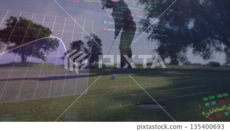 Positioning golfer lining up putt on putting green, with golf ball, putter and financial graphics Positioning golfer lining up putt on putting green, with golf ball, putter and financial graphics 135400693