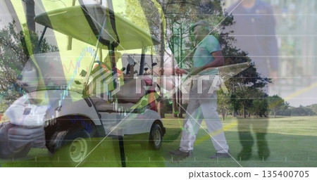 Gesturing senior male golfer pointing at passenger on fairway, with cart and candlestick overlay Gesturing senior male golfer pointing at passenger on fairway, with cart and candlestick overlay 135400705