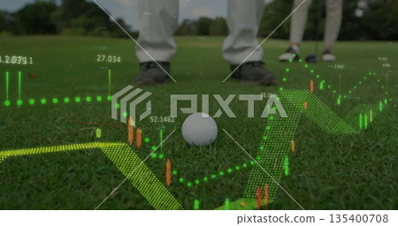 Showing golf ball resting on golf course putting green, with golf shoes and digital data overlay 135400708